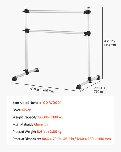 VEVOR Ballet Barre, 4 Ft Aluminum Double Barre Bar for Home, Freestanding Portable Ballet Stretching Dance Bars, Height Adjustable Anti-Wobble Fitness Studio Equipment, for Pilates Balance Workout - CZLDBLWG2GHGI7MFF001V0 - view 8