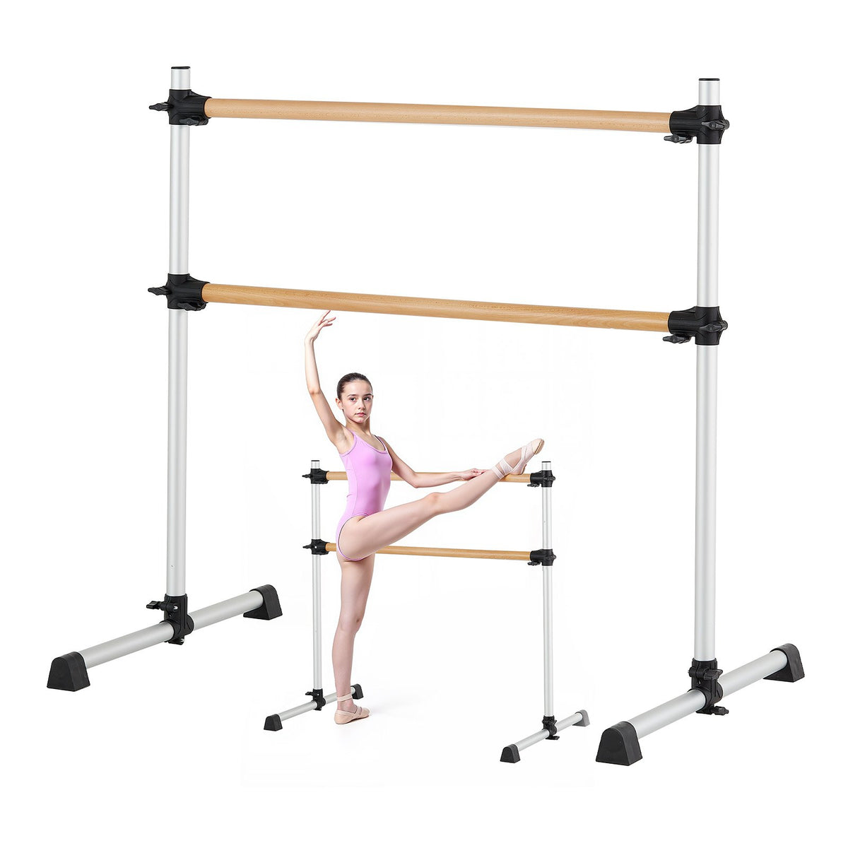 VEVOR Ballet Barre, 4 Ft Double Beechwood Barre Bar for Home, Freestanding Portable Ballet Stretching Dance Bars, Height Adjustable Anti-Wobble Fitness Gym Equipment, for Pilates Balance Workout - CZLDBLWG2GHGOCS85001V0 - view 1
