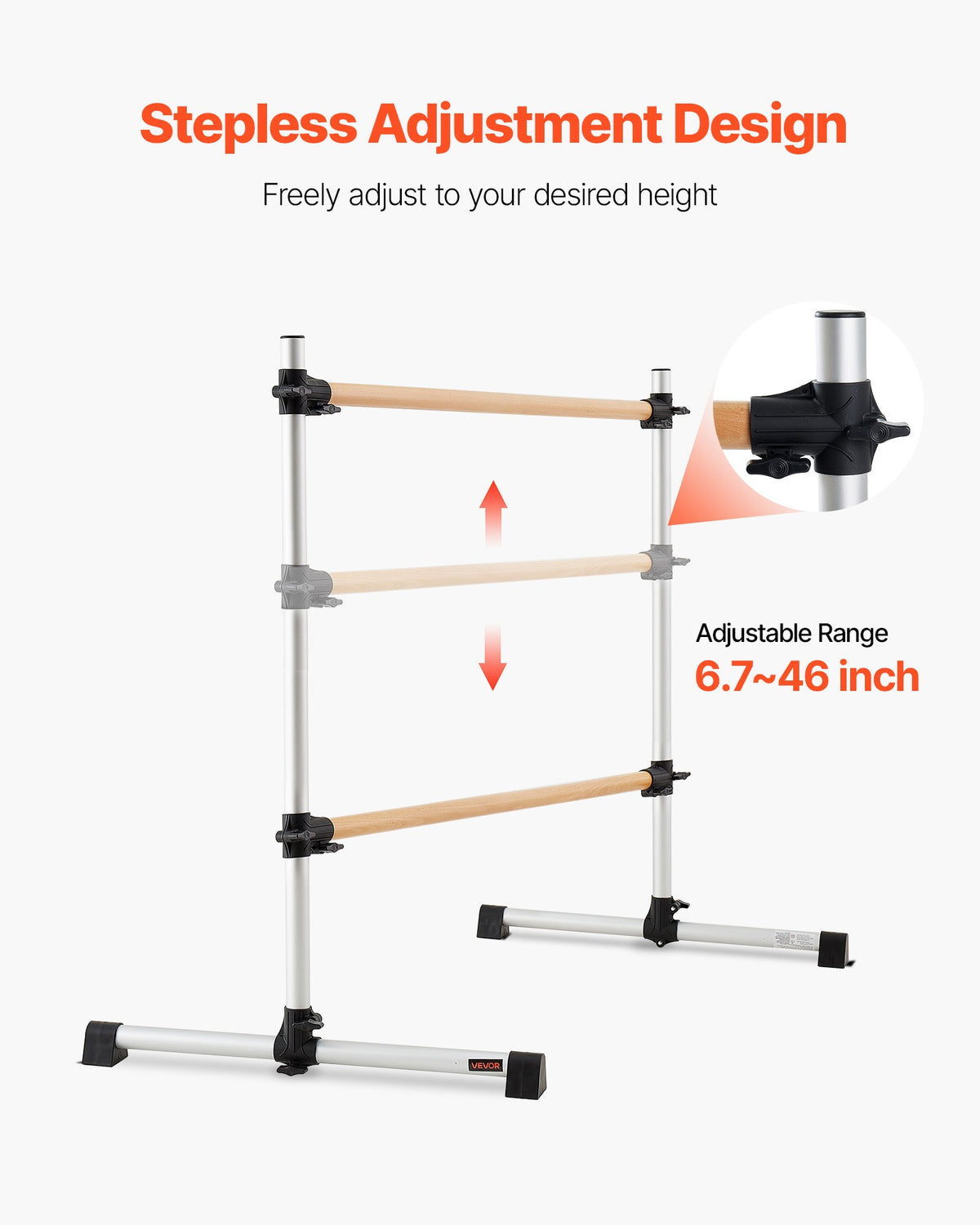VEVOR Ballet Barre, 4 Ft Double Beechwood Barre Bar for Home, Freestanding Portable Ballet Stretching Dance Bars, Height Adjustable Anti-Wobble Fitness Gym Equipment, for Pilates Balance Workout - CZLDBLWG2GHGOCS85001V0 - view 5