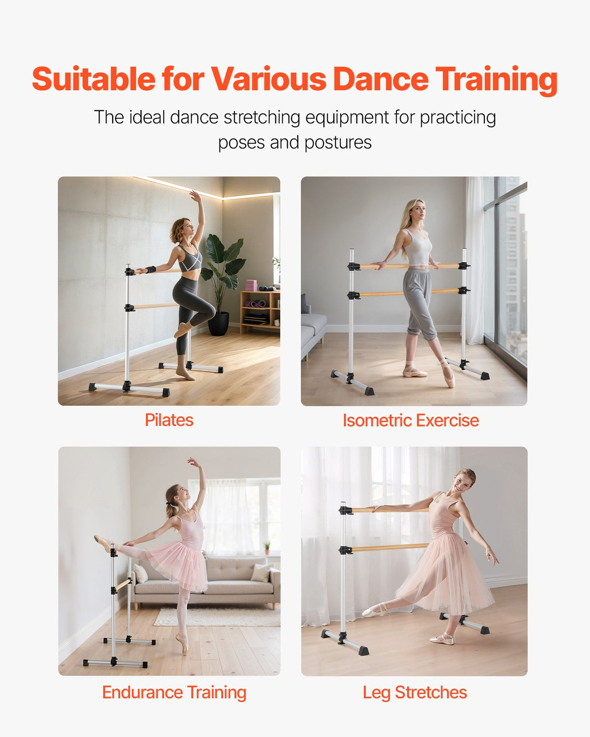 VEVOR Ballet Barre, 4 Ft Double Beechwood Barre Bar for Home, Freestanding Portable Ballet Stretching Dance Bars, Height Adjustable Anti-Wobble Fitness Gym Equipment, for Pilates Balance Workout - CZLDBLWG2GHGOCS85001V0 - view 6