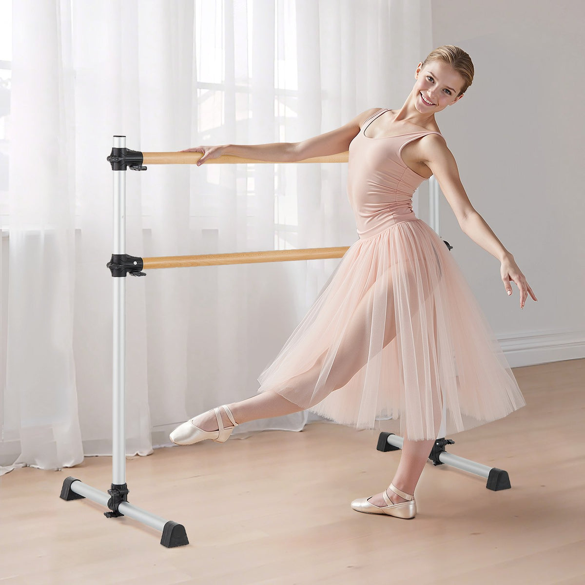 VEVOR Ballet Barre, 4 Ft Double Beechwood Barre Bar for Home, Freestanding Portable Ballet Stretching Dance Bars, Height Adjustable Anti-Wobble Fitness Gym Equipment, for Pilates Balance Workout - CZLDBLWG2GHGOCS85001V0 - view 9