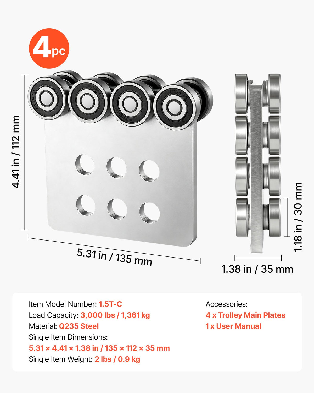 VEVOR 8 Wheel Trolley Assembly Rollers, 4 Pcs 3000 lbs Load, Dual Bearing Trolley Assembly for 1-5/8" Wide and All 1-5/8" or Taller Strut Channel, Heavy Duty Sliding Track System for Warehouse Garage - CZLXCZBX4JZ3TUKE6001V0 - view 8