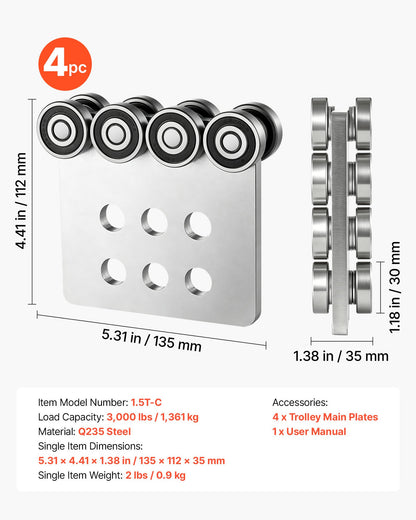 VEVOR 8 Wheel Trolley Assembly Rollers, 4 Pcs 3000 lbs Load, Dual Bearing Trolley Assembly for 1-5/8" Wide and All 1-5/8" or Taller Strut Channel, Heavy Duty Sliding Track System for Warehouse Garage - CZLXCZBX4JZ3TUKE6001V0 - view 8
