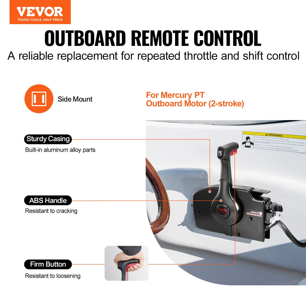 VEVOR Boat Throttle Control, 881170A15 Side-Mounted Outboard Remote Control Box for Mercury PT 2-Stroke, Marine Throttle Control Box with Power Trim Switch, 16.3 ft Harness 8+4 Pin, and Lanyard - CZSCYMKZQMERPYLKAV9 - view 3