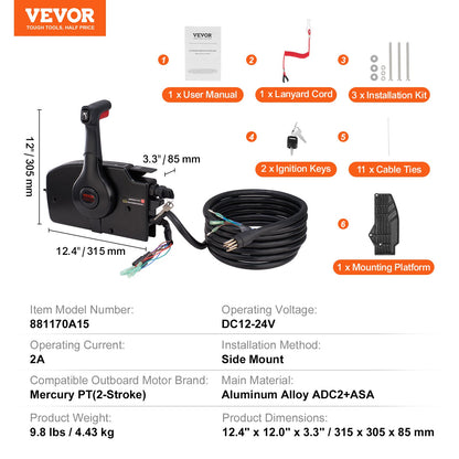 VEVOR Boat Throttle Control, 881170A15 Side-Mounted Outboard Remote Control Box for Mercury PT 2-Stroke, Marine Throttle Control Box with Power Trim Switch, 16.3 ft Harness 8+4 Pin, and Lanyard - CZSCYMKZQMERPYLKAV9 - view 8