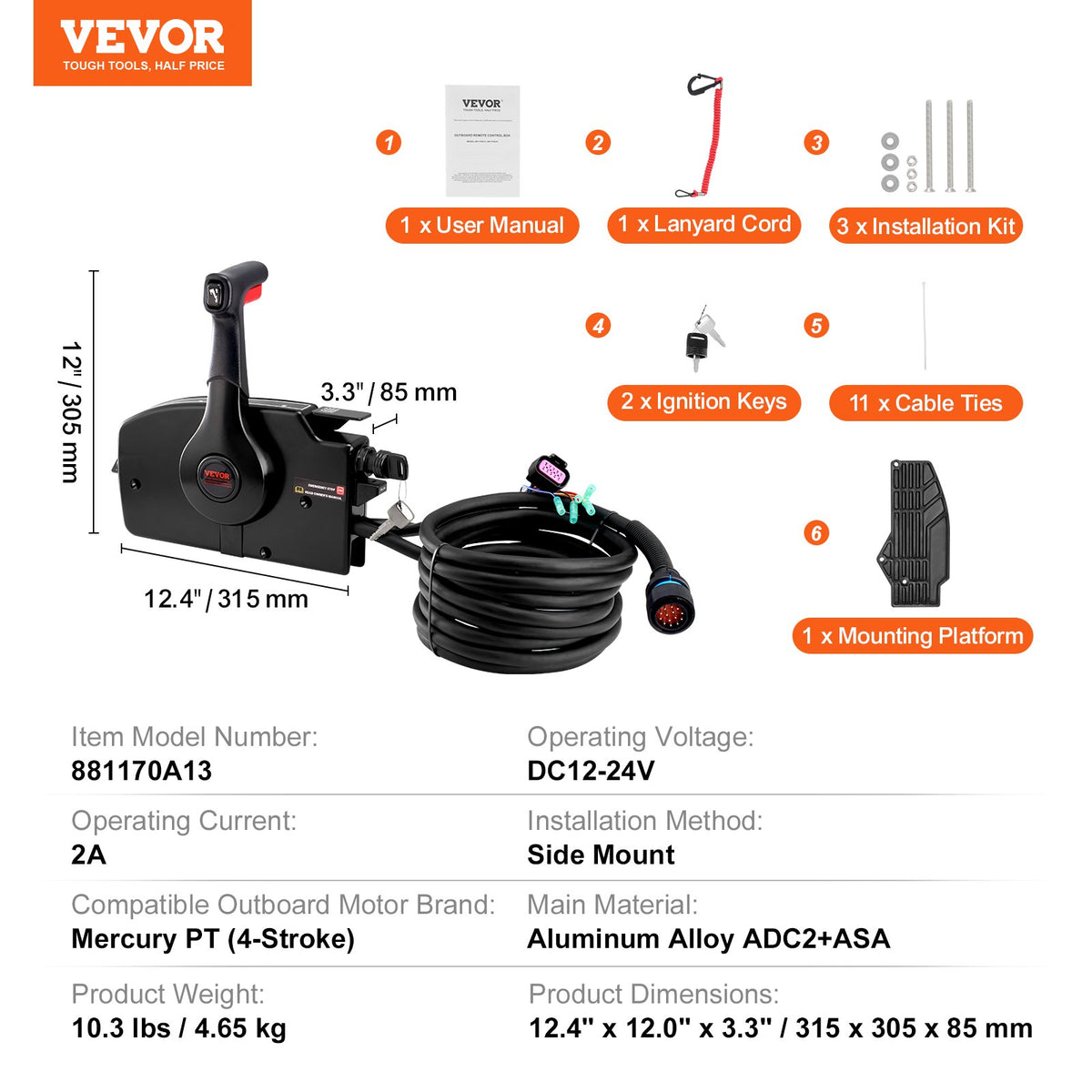 VEVOR Boat Throttle Control, 881170A13 Side-Mounted Outboard Remote Control Box for Mercury PT 4-Stroke, Marine Throttle Control Box with Power Trim Switch, 16.6 ft Harness 14 Pin, and Lanyard - CZSCYMKZQMERTWWASV9 - view 8