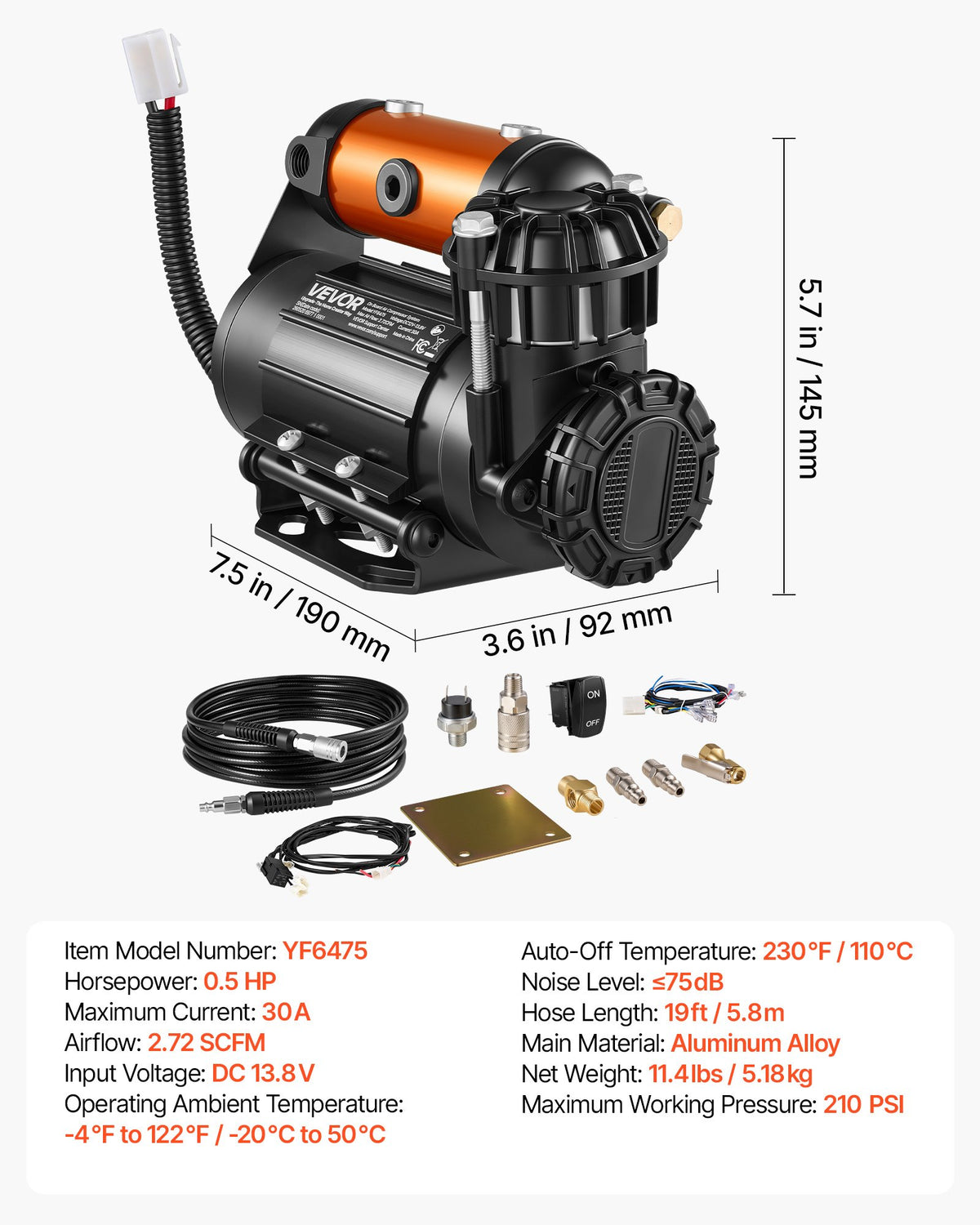 VEVOR 12V Air Compressor 0.5HP 2.72 SCFM Portable Tire Inflator Max 210PSI, Heavy Duty Offroad Air Pump with Differential Lock Harness, Adapters & 19FT Air Hose for Pickup Truck SUV Off-Road Vehicles - CZSDGCQTJ30857VII001V9 - view 8
