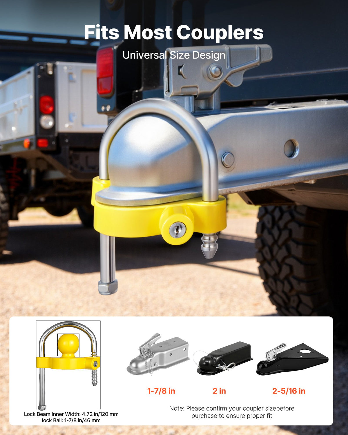 VEVOR Trailer Hitch Lock Kit, Fits for 1-7/8 in, 2 in, 2-5/16 in Couplers, Heavy-Duty Anti-Theft Trailer Ball Lock with Keys, Prying-Resistant, Adjustable Height Design for RVs, Boats, Trailers - CZSOHSDUX178O5DO4001V0 - view 3