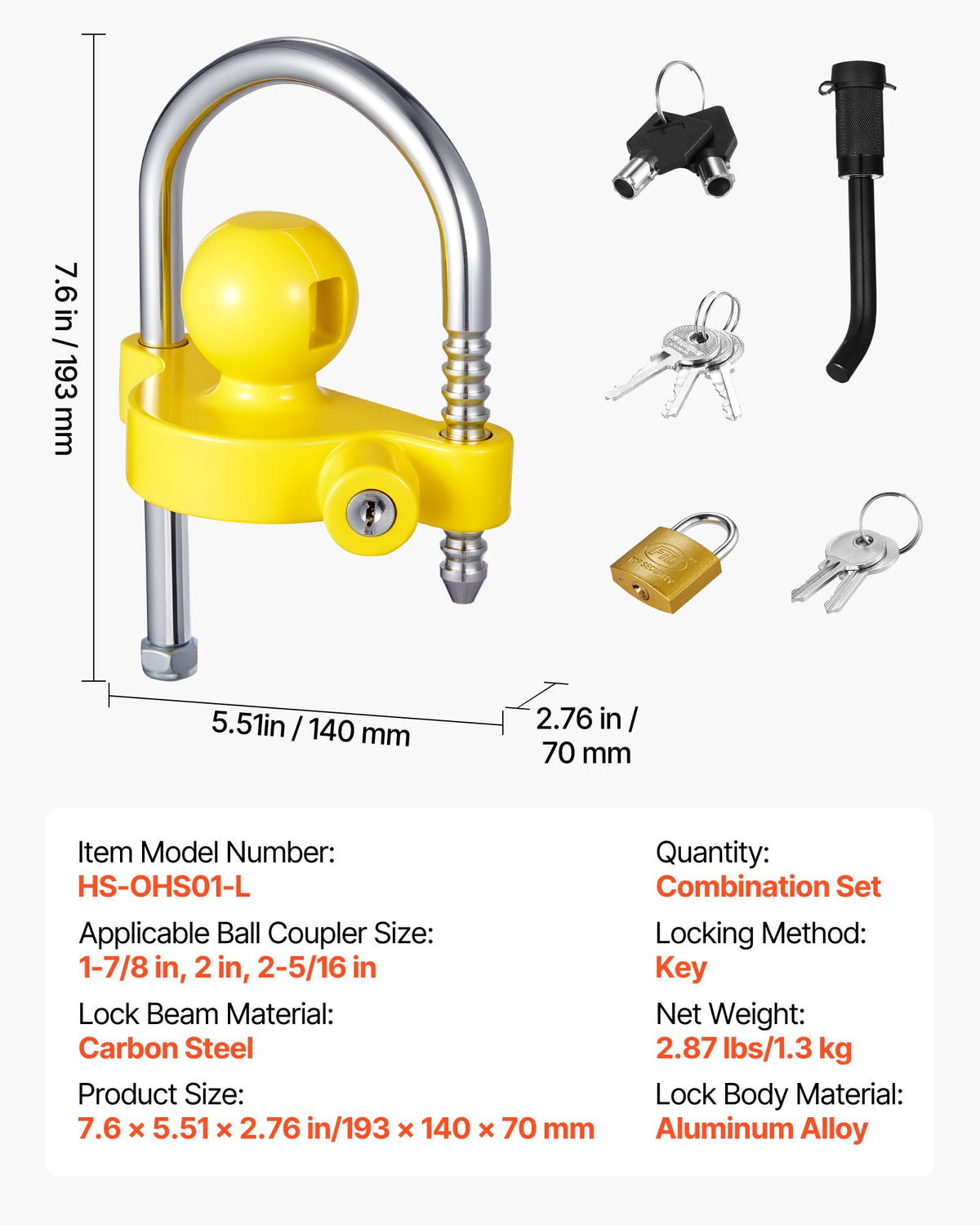 VEVOR Trailer Hitch Lock Kit, Fits for 1-7/8 in, 2 in, 2-5/16 in Couplers, Heavy-Duty Anti-Theft Trailer Ball Lock with Keys, Prying-Resistant, Adjustable Height Design for RVs, Boats, Trailers - CZSOHSDUX178O5DO4001V0 - view 8