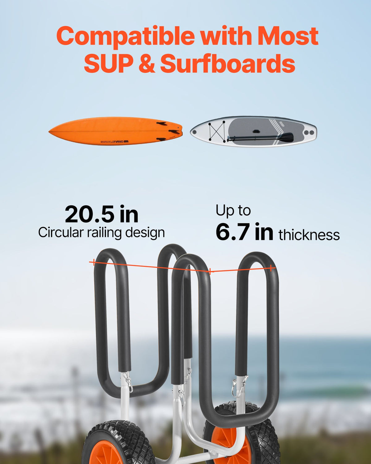 VEVOR Kayak Cart, 150 lbs Load Capacity, Stand Up Paddle Board Trolley with 10-inch Solid Rubber Tires & Kickstands, Paddle Board Carrier with Ratchet Strap for Paddleboard & Surfboard Transport - CZSPHTTC10INP1Q50001V0 - view 6