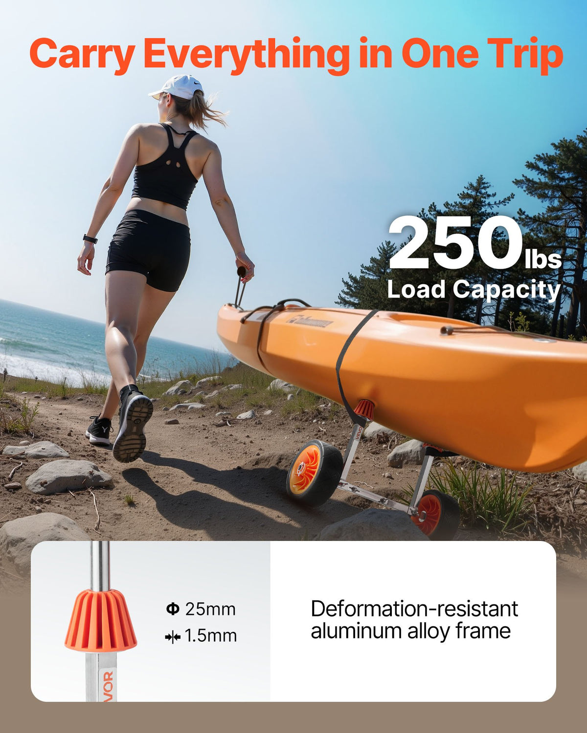 VEVOR Kayak Cart, 250 lbs Load Capacity, Canoe Cart Dolly with 7.5-inch Solid Rubber Tires & Kickstand, Assembles & Disassembles Within Seconds, Paddle Board Trolley for Kayaks, Canoes, Paddleboards - CZSPHTTC8INC8AUKV001V0 - view 3