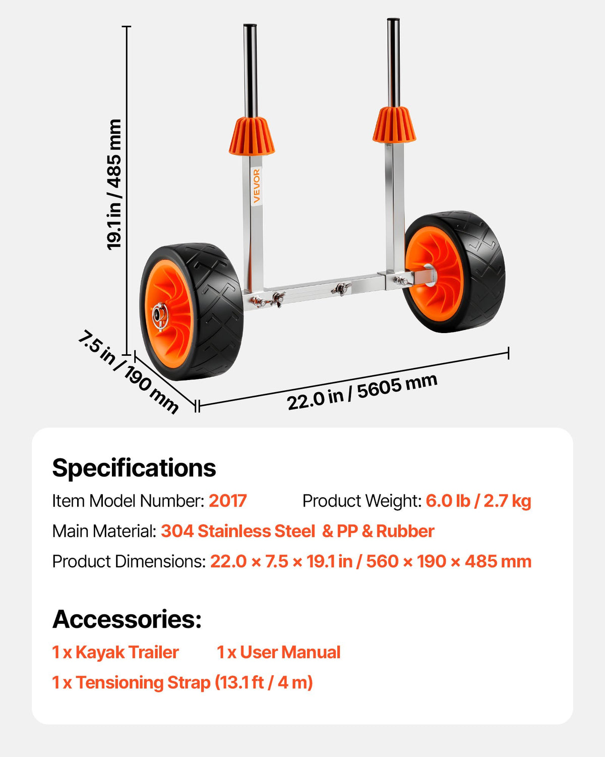VEVOR Kayak Cart, 250 lbs Load Capacity, Canoe Cart Dolly with 7.5-inch Solid Rubber Tires & Kickstand, Assembles & Disassembles Within Seconds, Paddle Board Trolley for Kayaks, Canoes, Paddleboards - CZSPHTTC8INC8AUKV001V0 - view 8