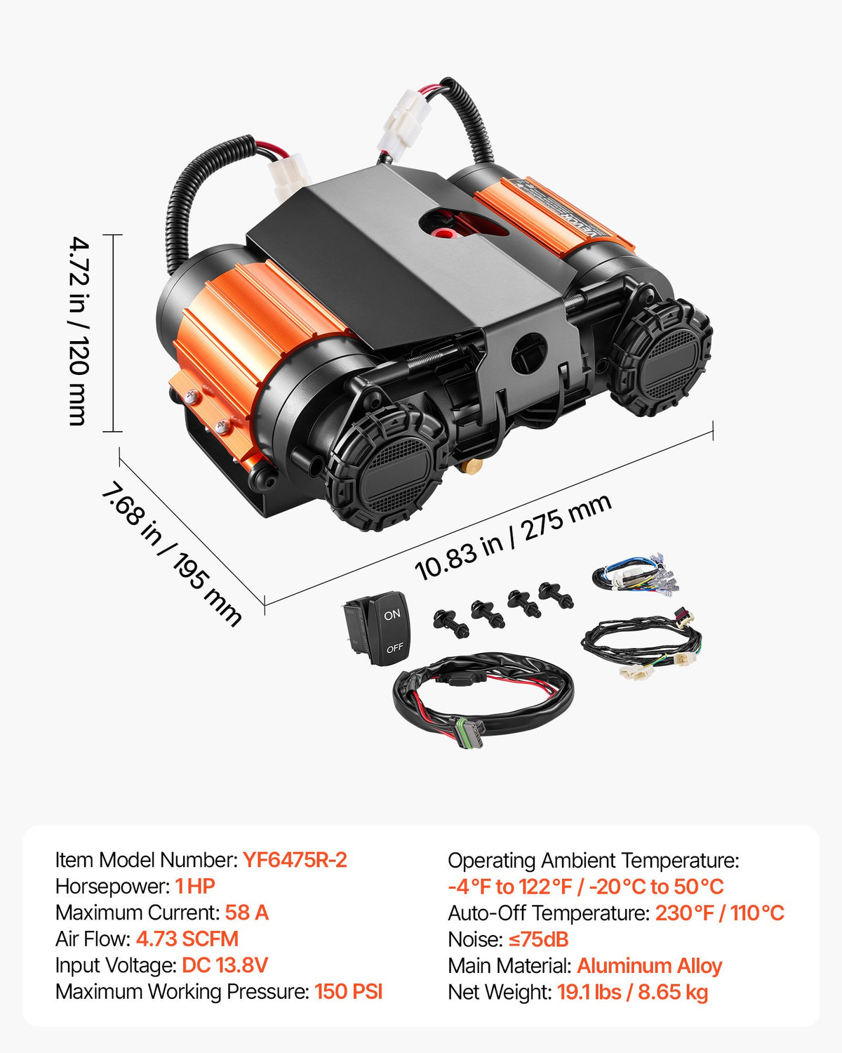VEVOR 12V Dual-Cylinder Air Compressor 1HP 4.73 SCFM Portable Tire Inflator, Max 150PSI Heavy Duty Offroad Air Pump with Differential Lock Harness for Pickup Trucks SUVs Off-Road Vehicles - CZSSG614CFM5V6HN4001V9 - view 8