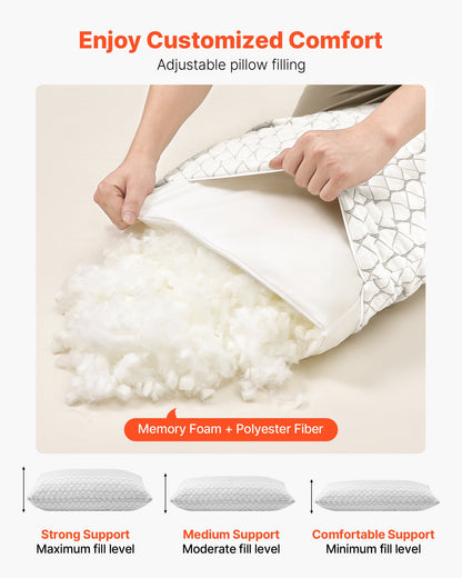 VEVOR Bed Pillow for Sleeping, King Size Luxury Quality Hotel Pillow with Memory Foam Fill, Supportive & Adjustable, Includes Natural Firber Pillowcase, Bedding for Back, Stomach and Side Sleepers - CZTJYMJZKING2GSDM001V0 - view 3