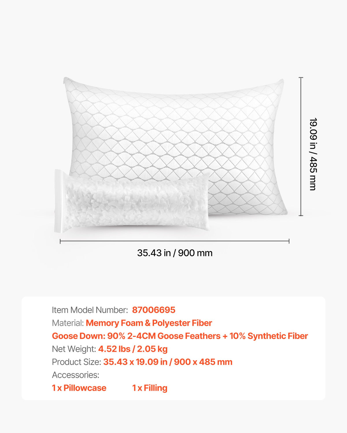 VEVOR Bed Pillow for Sleeping, King Size Luxury Quality Hotel Pillow with Memory Foam Fill, Supportive & Adjustable, Includes Natural Firber Pillowcase, Bedding for Back, Stomach and Side Sleepers - CZTJYMJZKING2GSDM001V0 - view 8