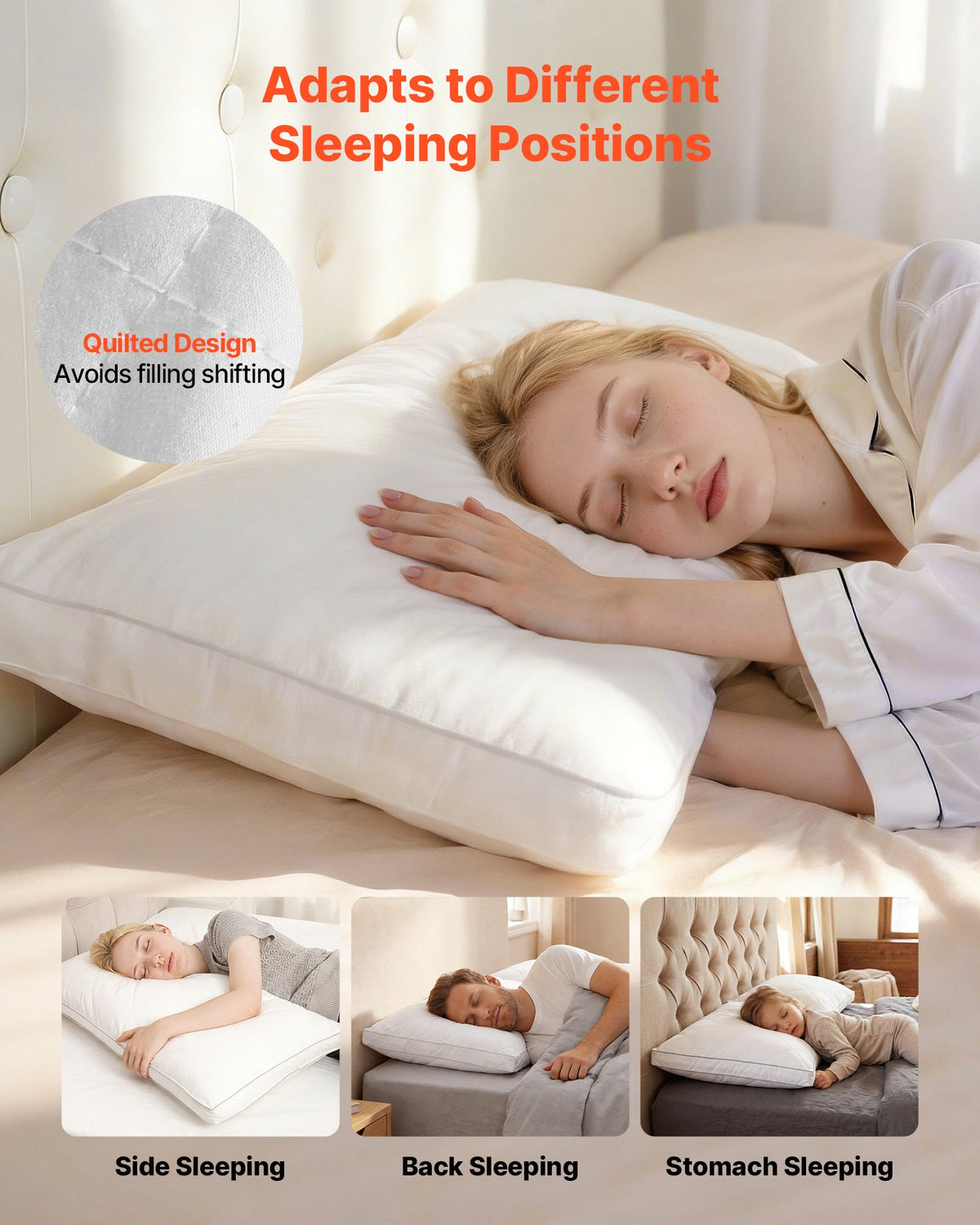 VEVOR Bed Pillows for Sleeping, Set of 2, Queen Size Luxury Quality Hotel Pillows with Original Down Alternative Filling, Supportive and Fluffy, Bedding for Back, Stomach and Side Sleepers, White - CZTYRQUEEN2PSQLSZ001V0 - view 4