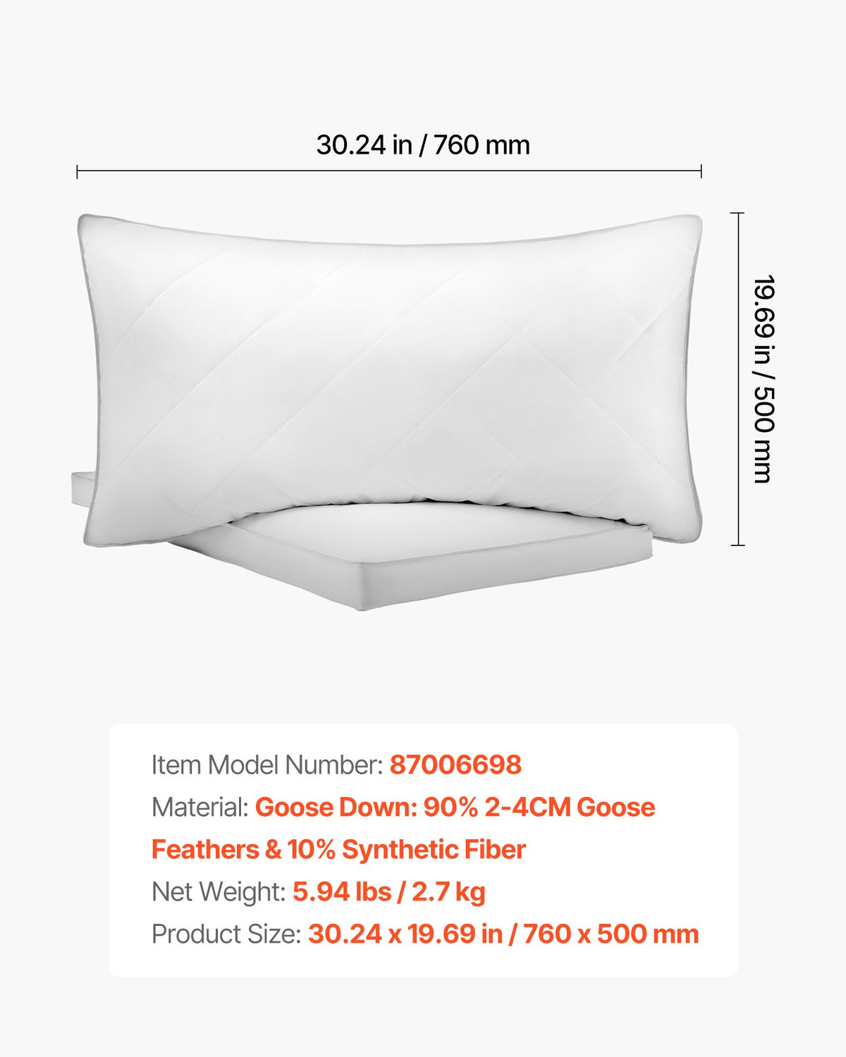 VEVOR Bed Pillows for Sleeping, Set of 2, Queen Size Luxury Quality Hotel Pillows with Original Down Alternative Filling, Supportive and Fluffy, Bedding for Back, Stomach and Side Sleepers, White - CZTYRQUEEN2PSQLSZ001V0 - view 8