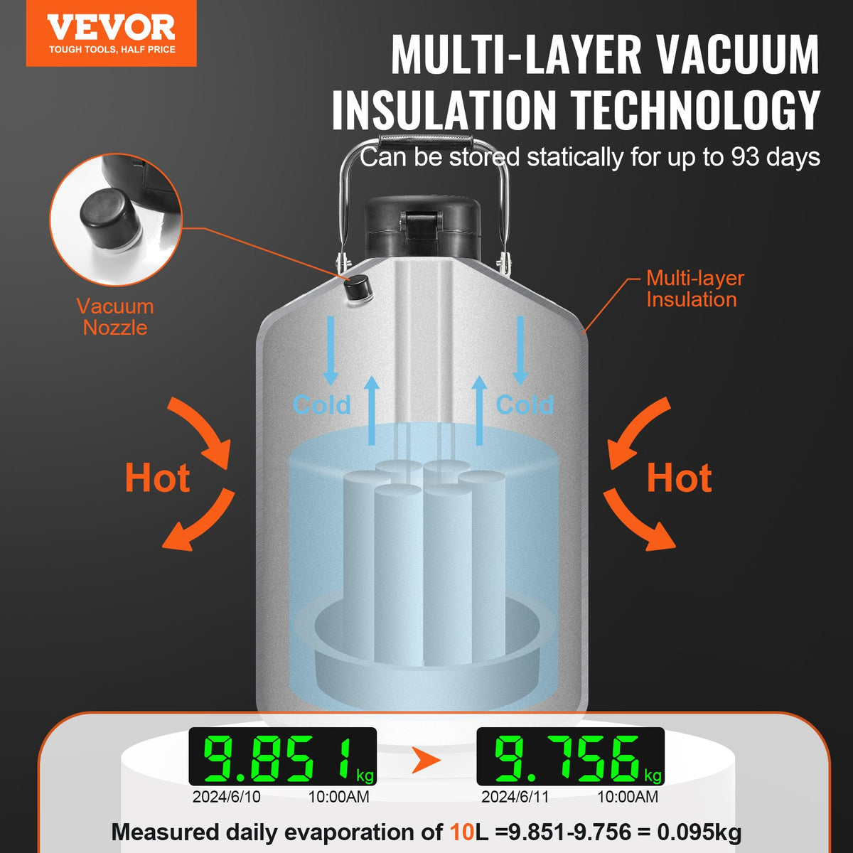 VEVOR Liquid Nitrogen Tank, 10 L Aluminum Alloy Liquid Nitrogen Container, LN2 Tank Dewar with 6 Canisters and Carry Bag with Straps, Cryogenic Tank for Beauty Industry, Semen Preservation, Scientific - CZXYDG10L000IEX2HV0 - view 3