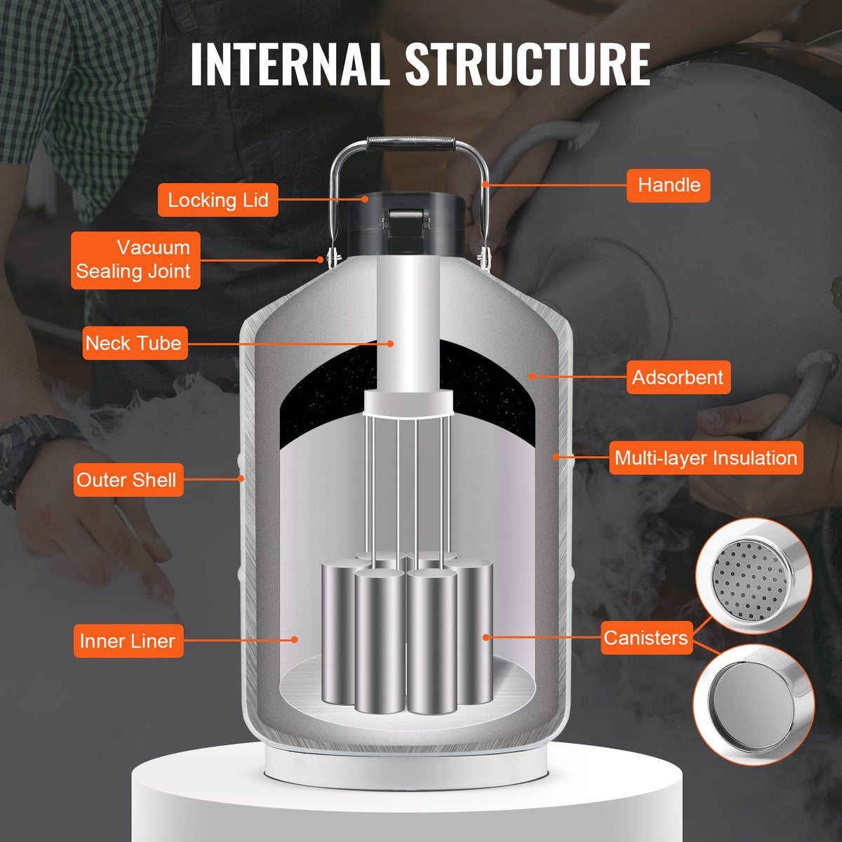 VEVOR Liquid Nitrogen Tank, 10 L Aluminum Alloy Liquid Nitrogen Container, LN2 Tank Dewar with 6 Canisters and Carry Bag with Straps, Cryogenic Tank for Beauty Industry, Semen Preservation, Scientific - CZXYDG10L000IEX2HV0 - view 5