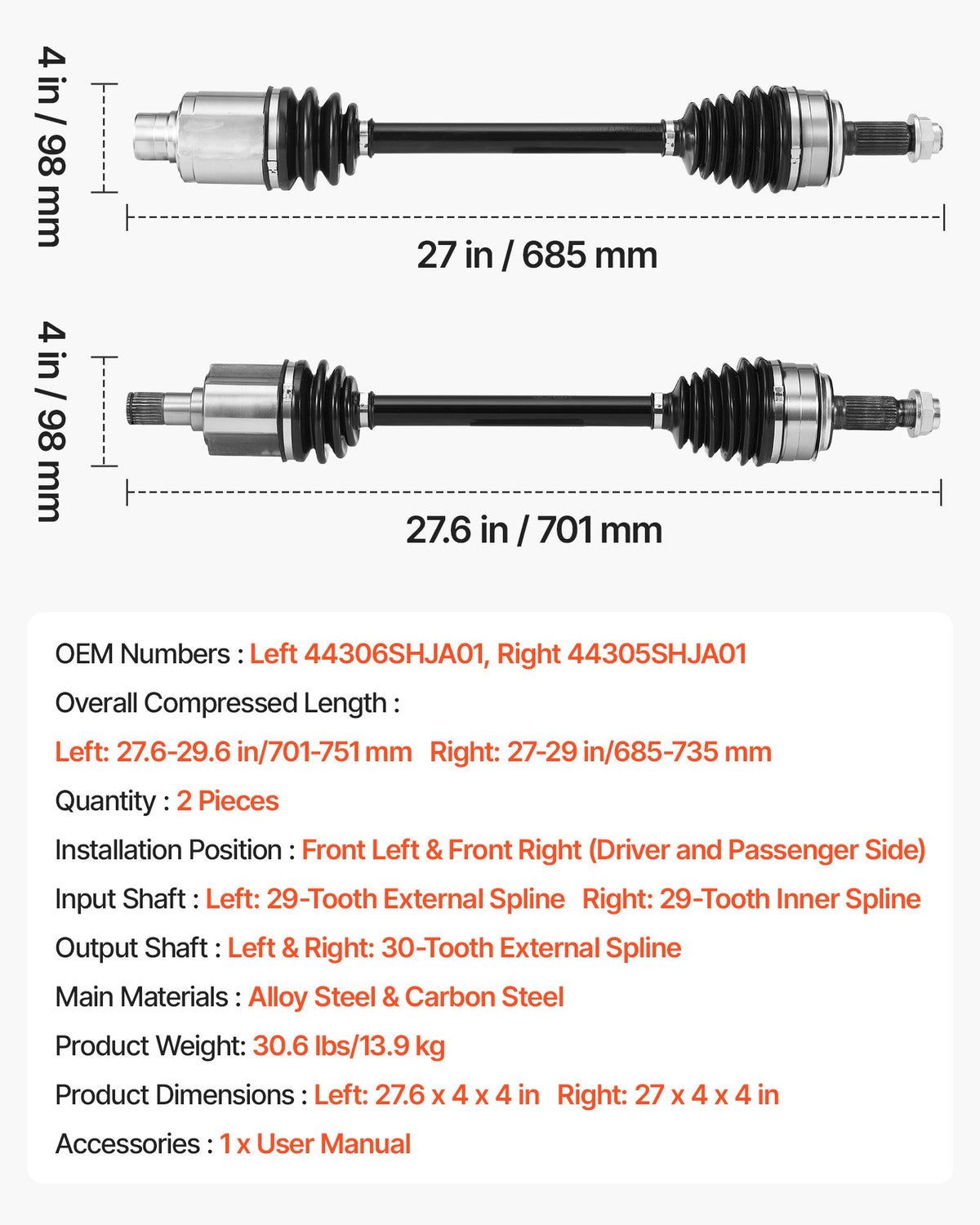VEVOR CV Axle Shaft Assembly, 2 Pieces Front Left & Right (Driver and Passenger Side), Automotive Replacement CV Joint Axles Pair Compatible with 2005-2006 Honda Odyssey, Alloy Steel & Carbon Steel - CZZCTZZH2GSM15453001V0 - view 8