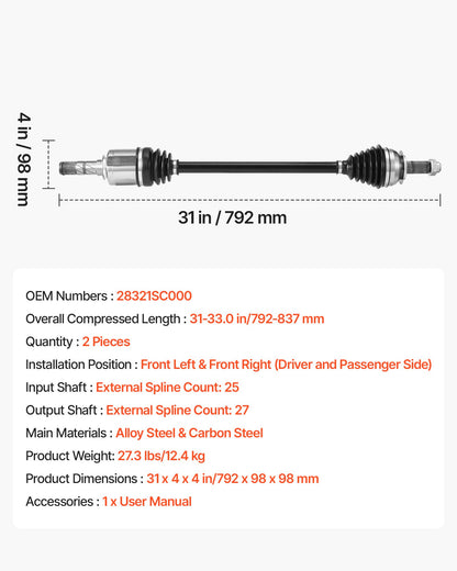 VEVOR CV Axle Shaft Assembly, 2 Pieces Front Left & Right (Driver and Passenger Side), Automotive Replacement CV Joint Axles Pair Compatible with 2009-2013 Forester, Alloy Steel & Carbon Steel - CZZCTZZH2GSMAGEWS001V0 - view 8