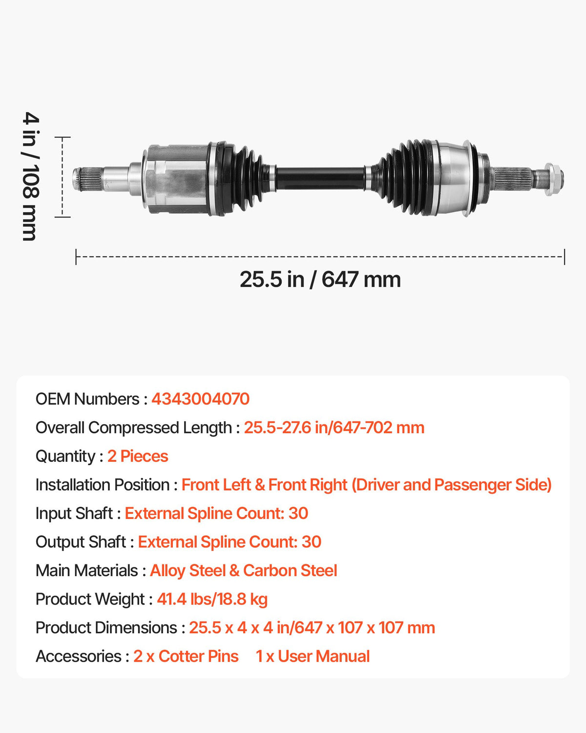 VEVOR CV Axle Shaft Assembly, 2 Pieces Front Left & Right (Driver and Passenger Side), Automotive Replacement CV Joint Axles Pair Compatible with 2003-2022 Toyota 4Runner, Alloy Steel & Carbon Steel - CZZCTZZH2GSMAWH45001V0 - view 8