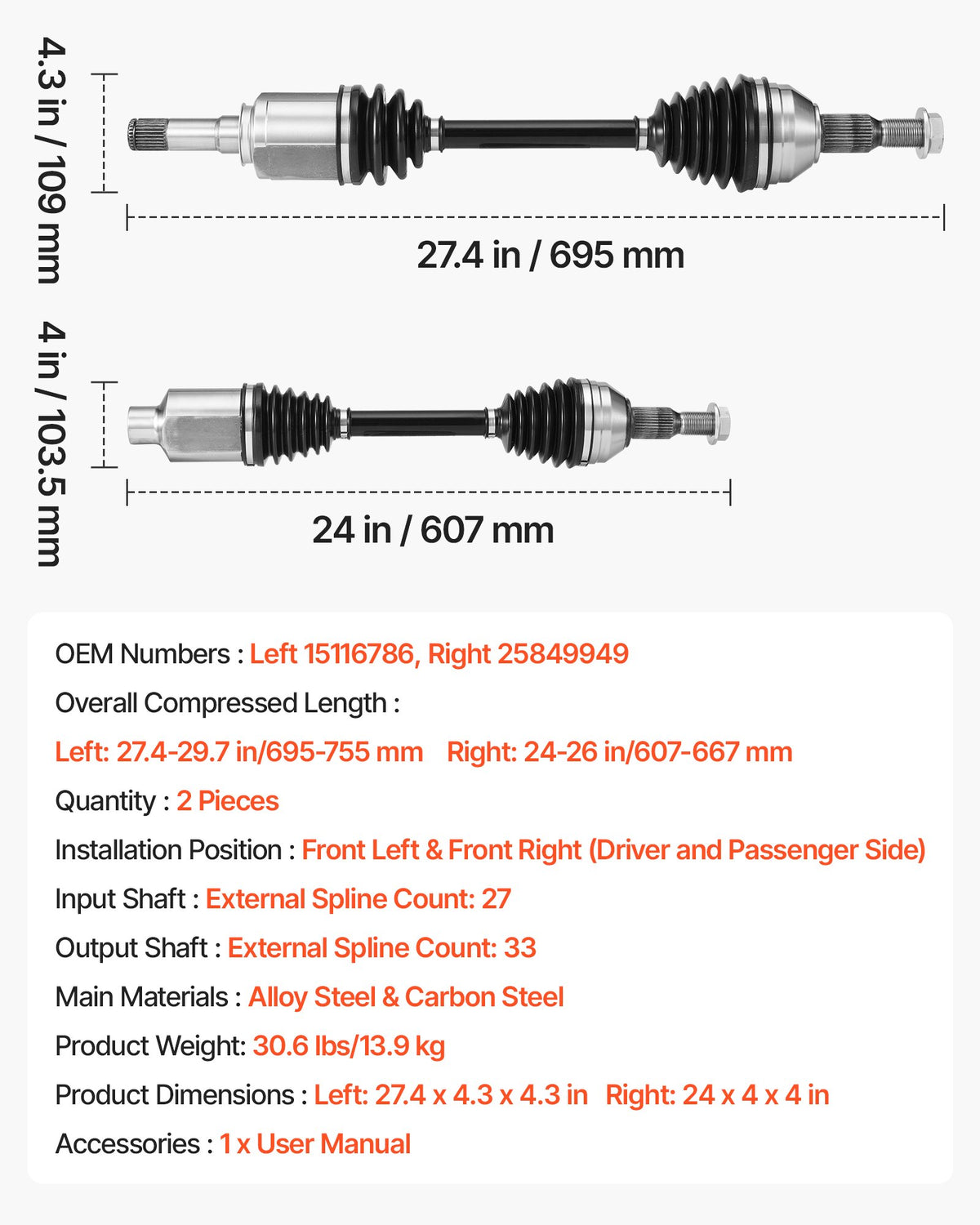 VEVOR CV Axle Shaft Assembly, 2 Pieces Front Left & Right (Driver and Passenger Side), Automotive Replacement Joint Axles Pair Compatible with 2009-2017 Chevrolet Traverse, Alloy Steel & Carbon Steel - CZZCTZZH2GSMBUGR1001V0 - view 8