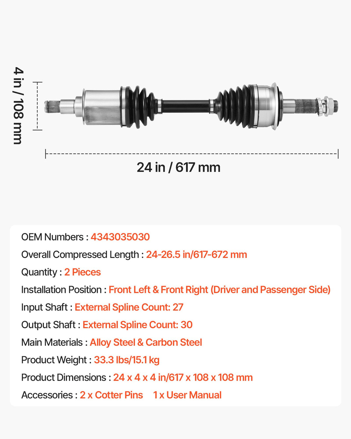 VEVOR CV Axle Shaft Assembly, 2 Pieces Front Left & Right (Driver and Passenger Side), Automotive Replacement CV Joint Axles Pair Compatible with 1996-2002 Toyota 4Runner, Alloy Steel & Carbon Steel - CZZCTZZH2GSMGKMLO001V0 - view 8