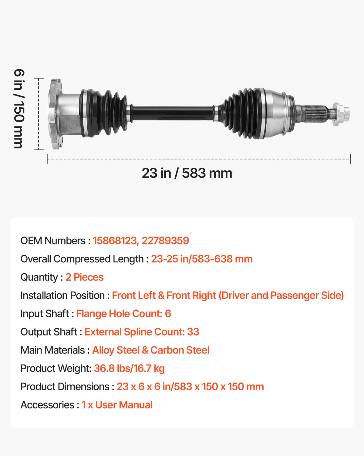 VEVOR CV Axle Shaft Assembly, 2 Pieces Front Left & Right (Driver and Passenger Side), Automotive Replacement CV Axles Pair Compatible with 2007-2020 Cadillac Escalade, Alloy Steel & Carbon Steel - CZZCTZZH2GSMKC41P001V0 - view 8