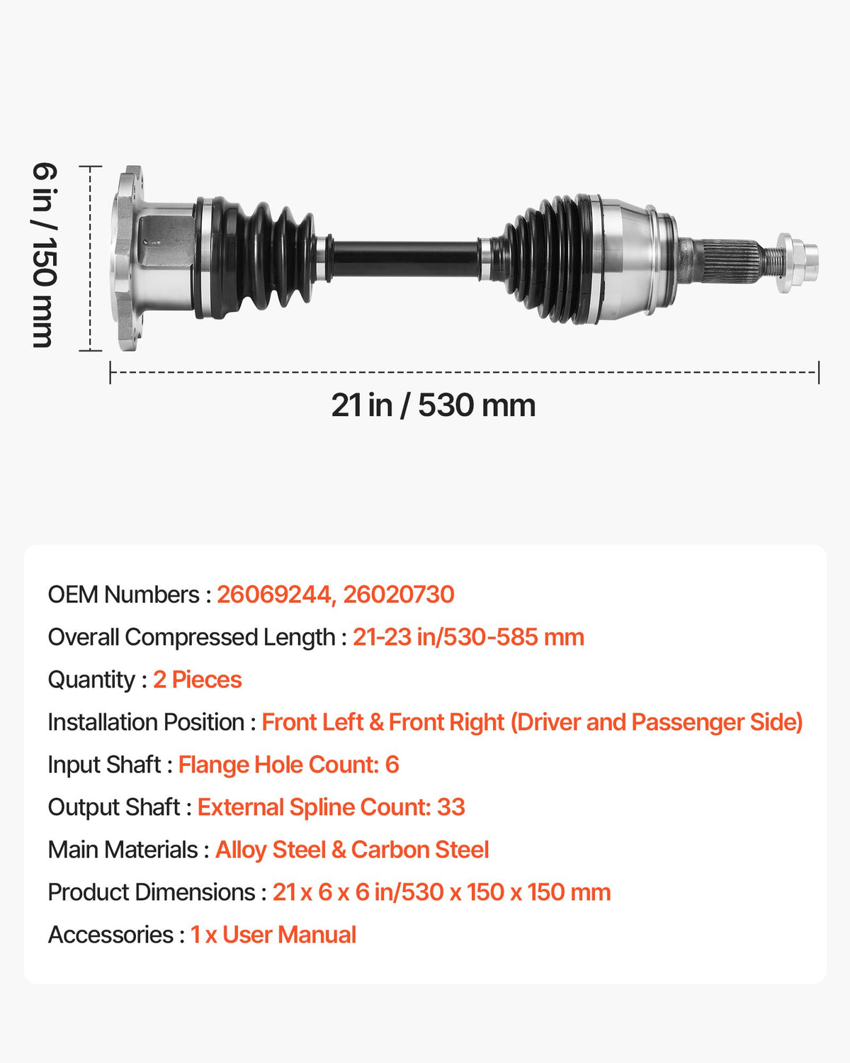VEVOR CV Axle Shaft Assembly, 2 Pieces Front Left & Right (Driver and Passenger Side), Automotive Replacement Axles Pair Compatible with 1999-2006 Chevrolet Silverado 1500, Alloy Steel & Carbon Steel - CZZCTZZH2GSMLBAD3001V0 - view 8