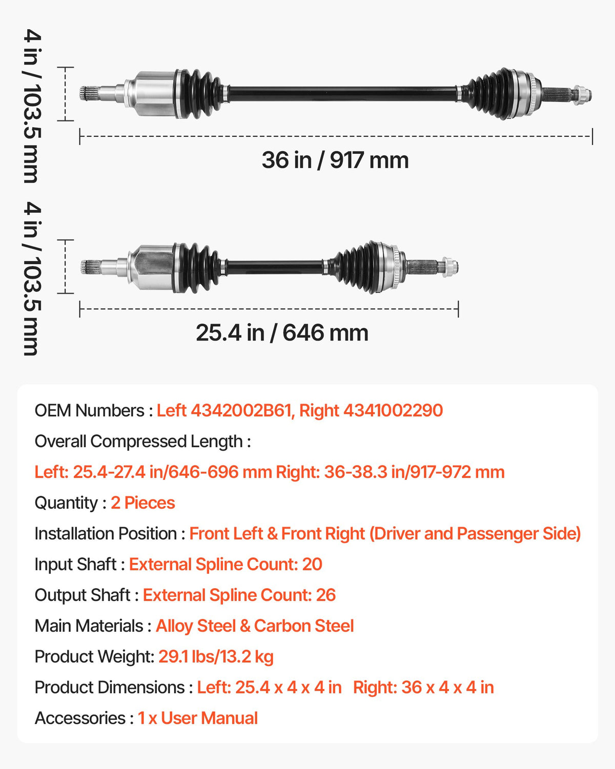 VEVOR CV Axle Shaft Assembly, 2 Pieces Front Left & Right (Driver and Passenger Side), Automotive Replacement CV Joint Axles Pair Compatible with 2009-2018 Toyota Corolla, Alloy Steel & Carbon Steel - CZZCTZZH2GSMME8OK001V0 - view 8