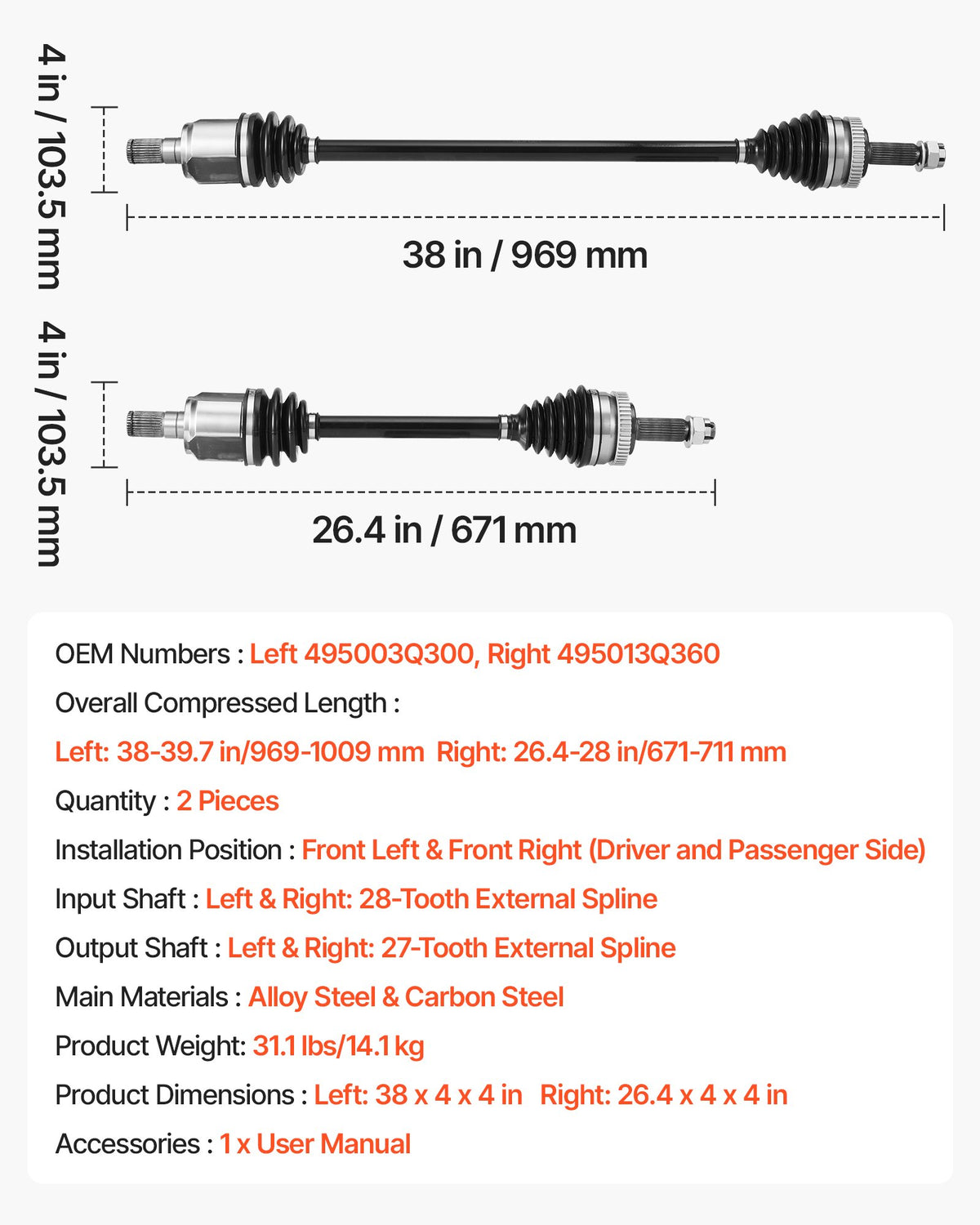 VEVOR CV Axle Shaft Assembly, 2 Pieces Front Left & Right (Driver and Passenger Side), Automotive Replacement CV Joint Axles Pair Compatible with 2011-2014 Hyundai Sonata, Alloy Steel & Carbon Steel - CZZCTZZH2GSMPL7AJ001V0 - view 8
