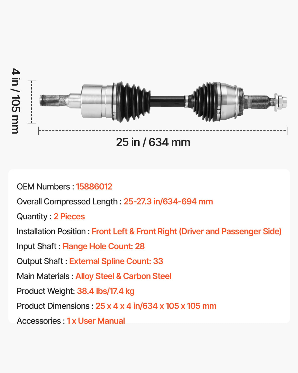 VEVOR CV Axle Shaft Assembly, 2 Pieces Front Left & Right Side (Driver and Passenger Side), Automotive Replacement CV Joint Axles Pair Compatible with 2006-2010 Hummer H3, Alloy Steel & Carbon Steel - CZZCTZZH2GSMSOE4U001V0 - view 8