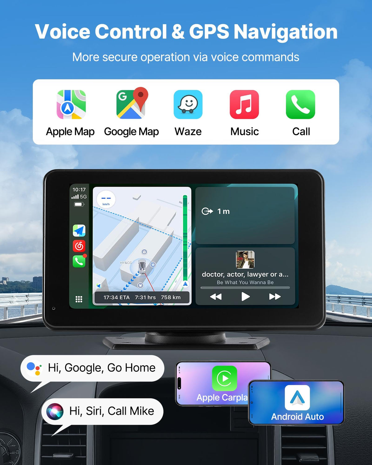 VEVOR Wireless Car Stereo, 7-Inch HD Portable Radio Touch Screen Compatible with Apple CarPlay & Android Auto, CarPlay Screen with Backup Camera, Voice Control, Mirror Link, Bluetooth, GPS Navigation - CZZKP7INCHBDV1Y7K001V9 - view 4