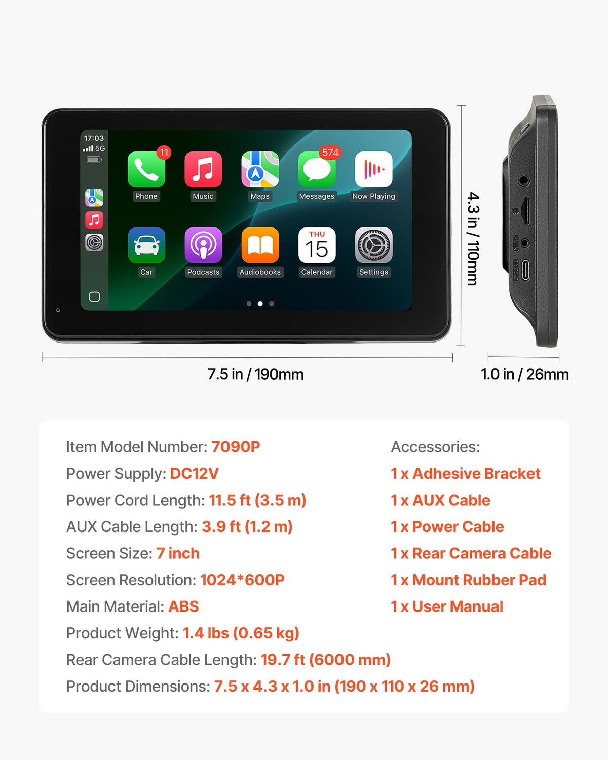 VEVOR Wireless Car Stereo, 7-Inch HD Portable Radio Touch Screen Compatible with Apple CarPlay & Android Auto, CarPlay Screen with Backup Camera, Voice Control, Mirror Link, Bluetooth, GPS Navigation - CZZKP7INCHBDV1Y7K001V9 - view 8