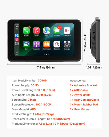 VEVOR Wireless Car Stereo, 7-Inch HD Portable Radio Touch Screen Compatible with Apple CarPlay & Android Auto, CarPlay Screen with Backup Camera, Voice Control, Mirror Link, Bluetooth, GPS Navigation - CZZKP7INCHBDV1Y7K001V9 - view 8