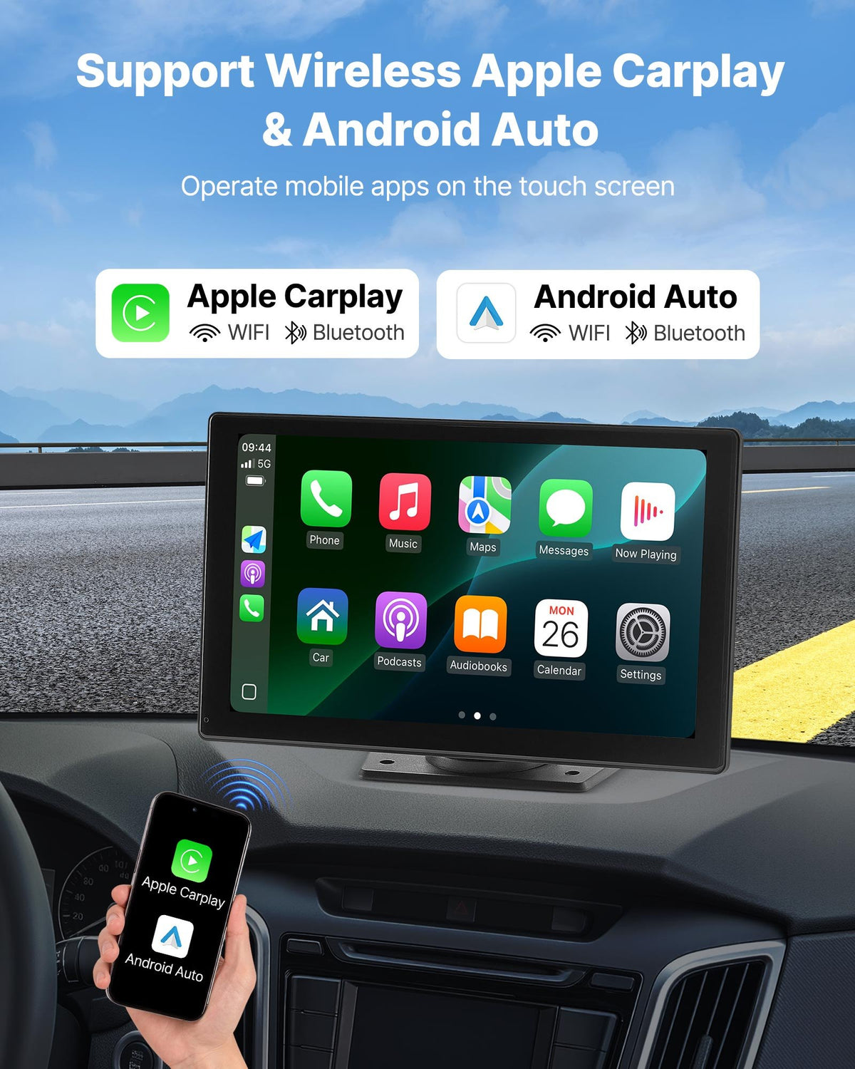 VEVOR Wireless Car Stereo, 9-Inch HD Portable Radio Touch Screen Compatible with Apple CarPlay & Android Auto, CarPlay Screen with Backup Camera, Voice Control, Mirror Link, Bluetooth, GPS Navigation - CZZKP9INCHBD3G8EV001V9 - view 3