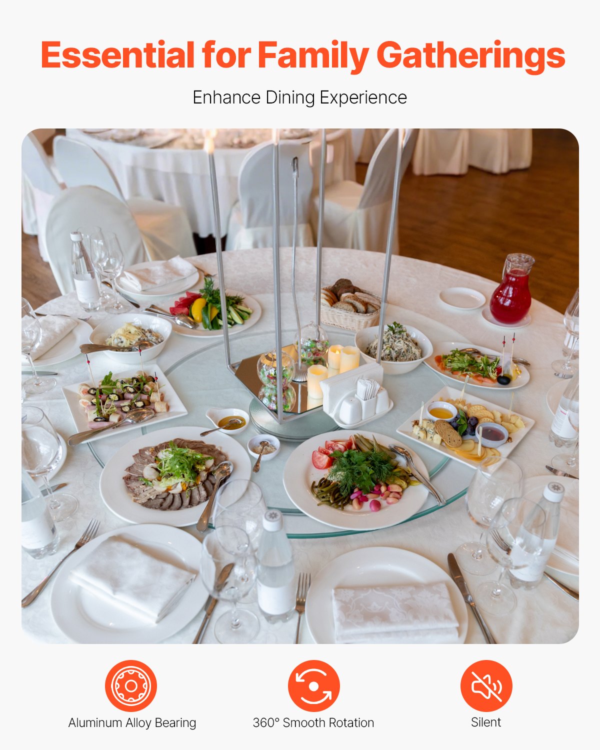 VEVOR 20 in Glass Lazy Susan Turntable, 360° Rotation Round Clear Tabletop Rotating Tray, Tempered Glass Dining Table Centerpiece, Smooth and Silent Spin, for Family Gatherings, Banquets & Weddings - CZZP20YCBLTMRHEZ7V0 - view 3
