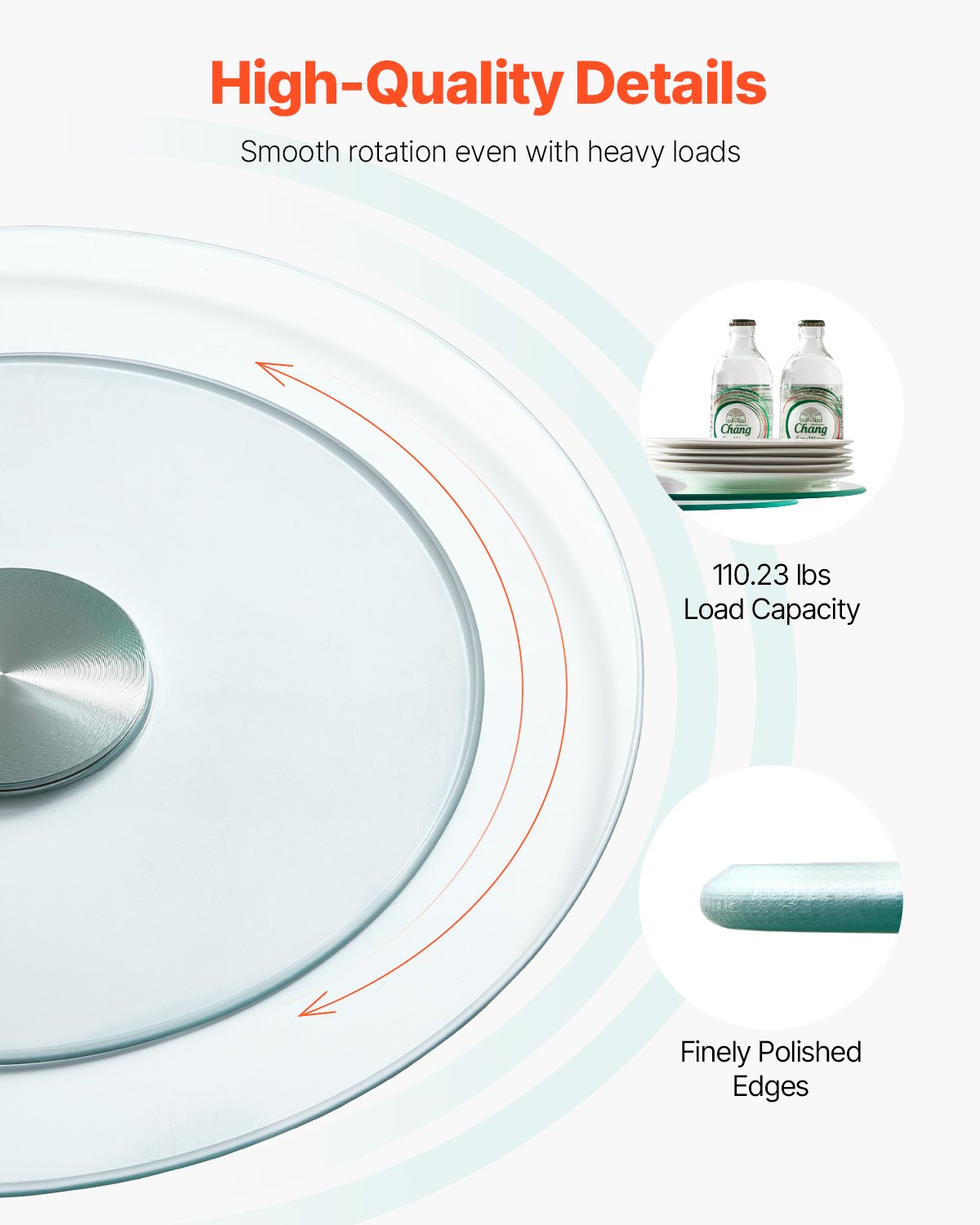 VEVOR 20 in Glass Lazy Susan Turntable, 360° Rotation Round Clear Tabletop Rotating Tray, Tempered Glass Dining Table Centerpiece, Smooth and Silent Spin, for Family Gatherings, Banquets & Weddings - CZZP20YCBLTMRHEZ7V0 - view 4