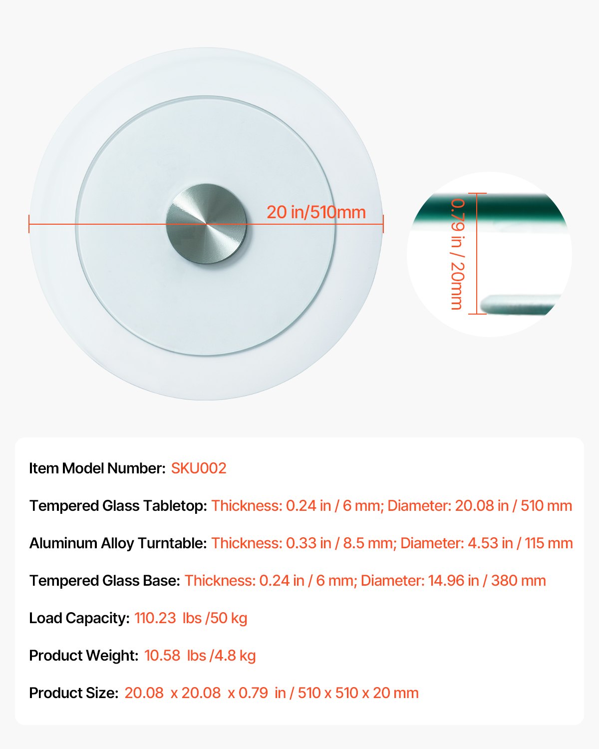 VEVOR 20 in Glass Lazy Susan Turntable, 360° Rotation Round Clear Tabletop Rotating Tray, Tempered Glass Dining Table Centerpiece, Smooth and Silent Spin, for Family Gatherings, Banquets & Weddings - CZZP20YCBLTMRHEZ7V0 - view 8