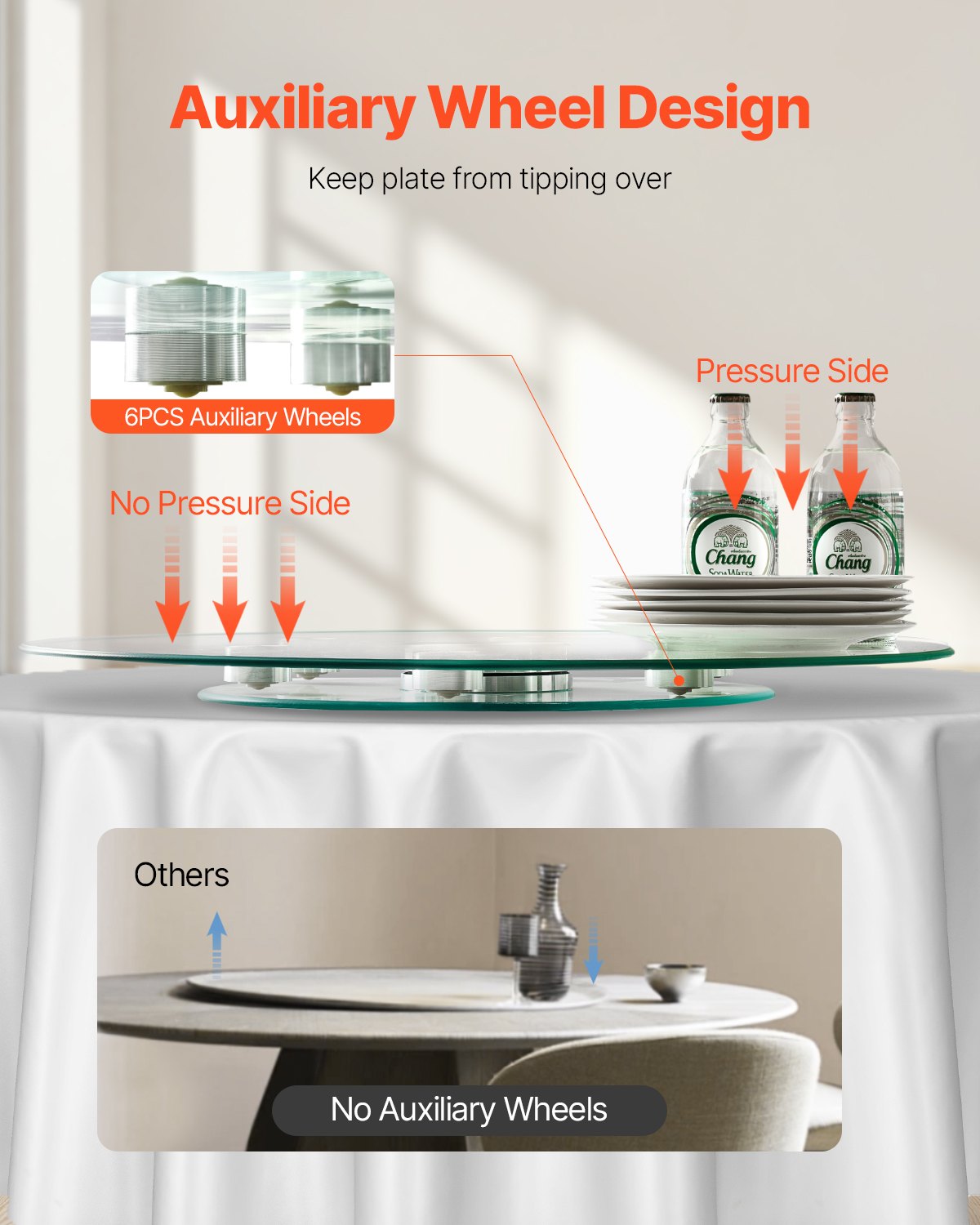 VEVOR 24 in Glass Lazy Susan Turntable, Tempered Glass Dining Table Centerpiece with 6 Rotating Wheels, 360° Smooth and Silent Spin Tabletop Rotating Tray, for Family Gatherings, Banquets & Weddings - CZZP24YCBLTM6C96AV0 - view 6