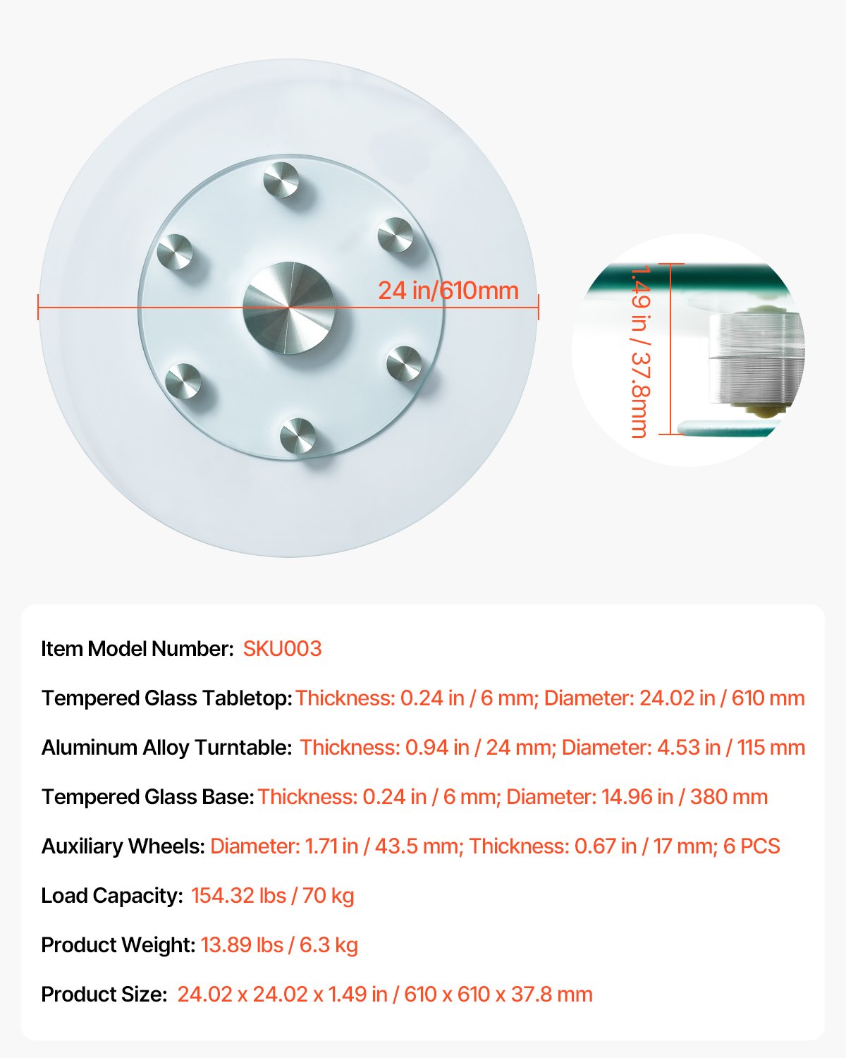 VEVOR 24 in Glass Lazy Susan Turntable, Tempered Glass Dining Table Centerpiece with 6 Rotating Wheels, 360° Smooth and Silent Spin Tabletop Rotating Tray, for Family Gatherings, Banquets & Weddings - CZZP24YCBLTM6C96AV0 - view 8
