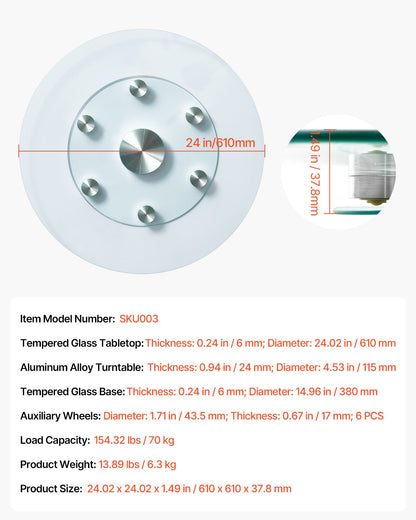 VEVOR 24 in Glass Lazy Susan Turntable, Tempered Glass Dining Table Centerpiece with 6 Rotating Wheels, 360° Smooth and Silent Spin Tabletop Rotating Tray, for Family Gatherings, Banquets & Weddings - CZZP24YCBLTM6C96AV0 - view 8