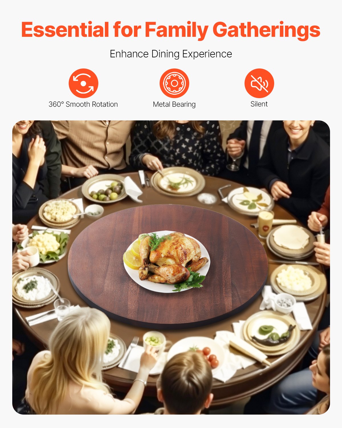 VEVOR 24 in Wood Lazy Susan Turntable, 360° Rotation Round Clear Tabletop Rotating Tray, Acacia Wood Dining Table Centerpiece, Smooth and Silent Spin, for Family Gatherings, Banquets and Weddings - CZZP24YCMZHTGZT37V0 - view 3