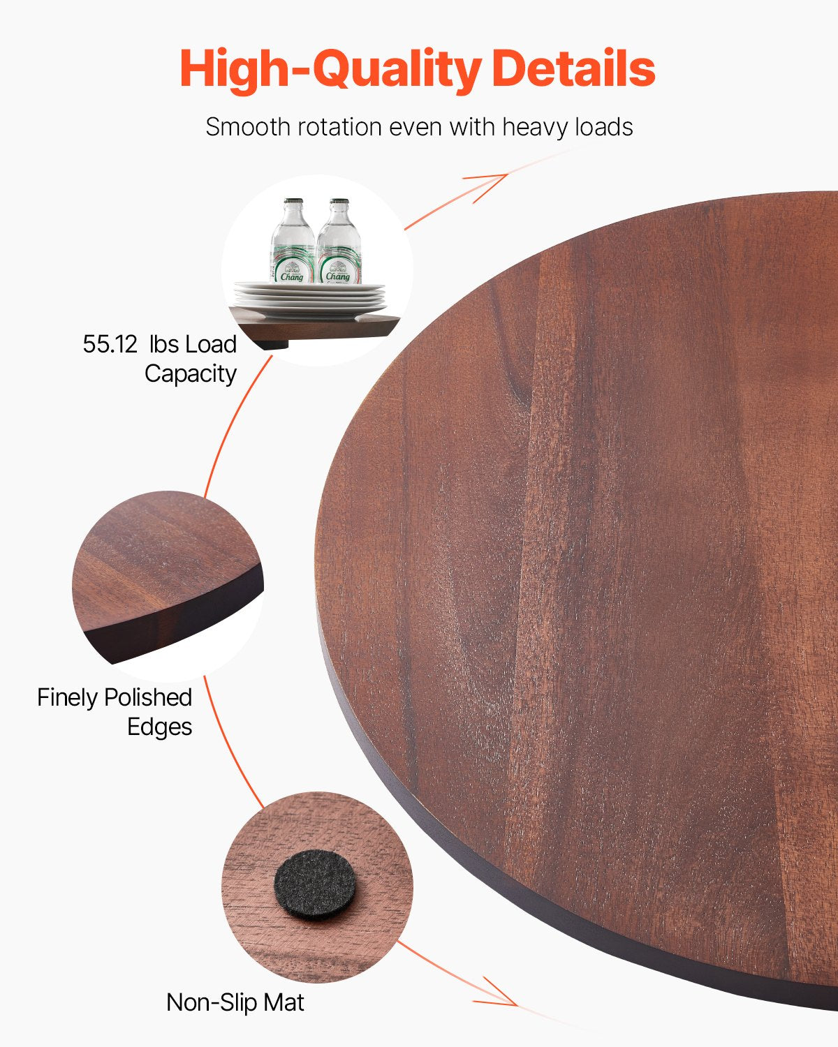 VEVOR 24 in Wood Lazy Susan Turntable, 360° Rotation Round Clear Tabletop Rotating Tray, Acacia Wood Dining Table Centerpiece, Smooth and Silent Spin, for Family Gatherings, Banquets and Weddings - CZZP24YCMZHTGZT37V0 - view 4
