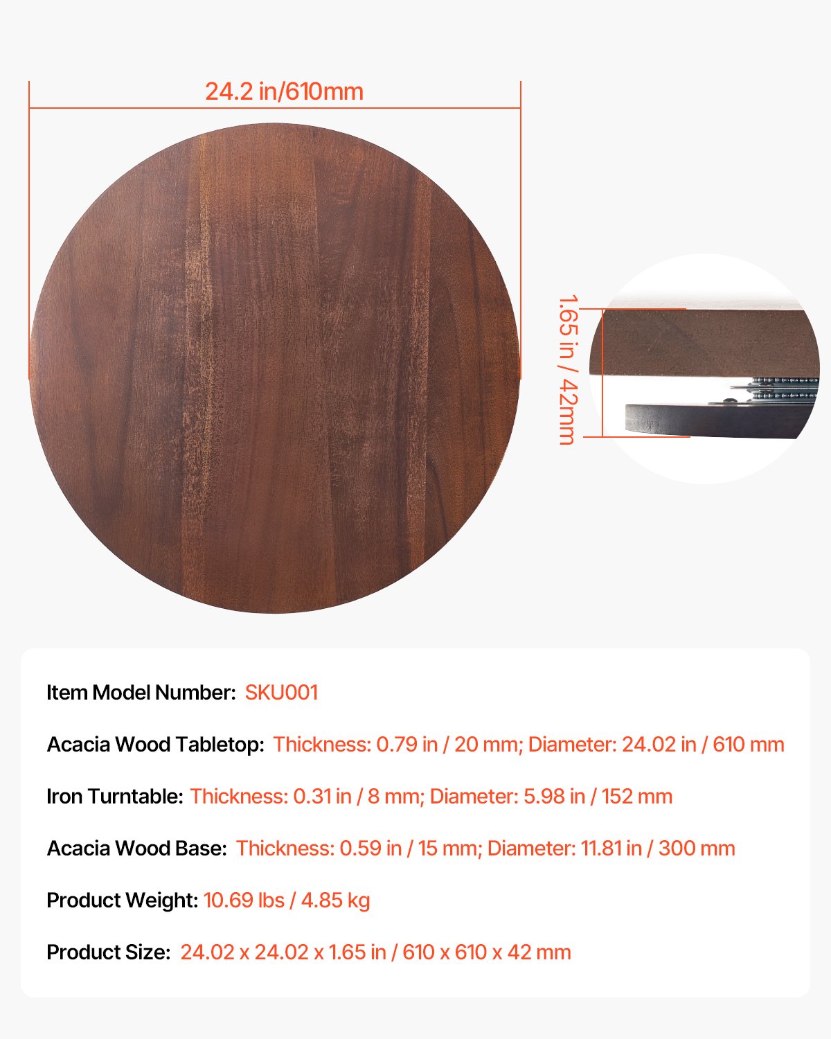 VEVOR 24 in Wood Lazy Susan Turntable, 360° Rotation Round Clear Tabletop Rotating Tray, Acacia Wood Dining Table Centerpiece, Smooth and Silent Spin, for Family Gatherings, Banquets and Weddings - CZZP24YCMZHTGZT37V0 - view 8