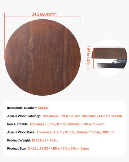 VEVOR 24 in Wood Lazy Susan Turntable, 360° Rotation Round Clear Tabletop Rotating Tray, Acacia Wood Dining Table Centerpiece, Smooth and Silent Spin, for Family Gatherings, Banquets and Weddings - CZZP24YCMZHTGZT37V0 - view 8