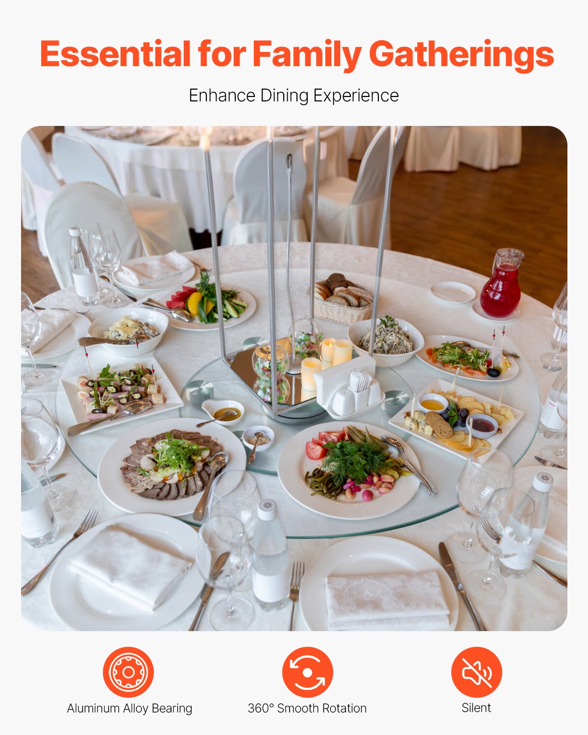 VEVOR 30 in Glass Lazy Susan Turntable, Tempered Glass Dining Table Centerpiece with 6 Rotating Wheels, 360° Smooth and Silent Spin Tabletop Rotating Tray, for Family Gatherings, Banquets & Weddings - CZZP30YCBLTMNYA7MV0 - view 3