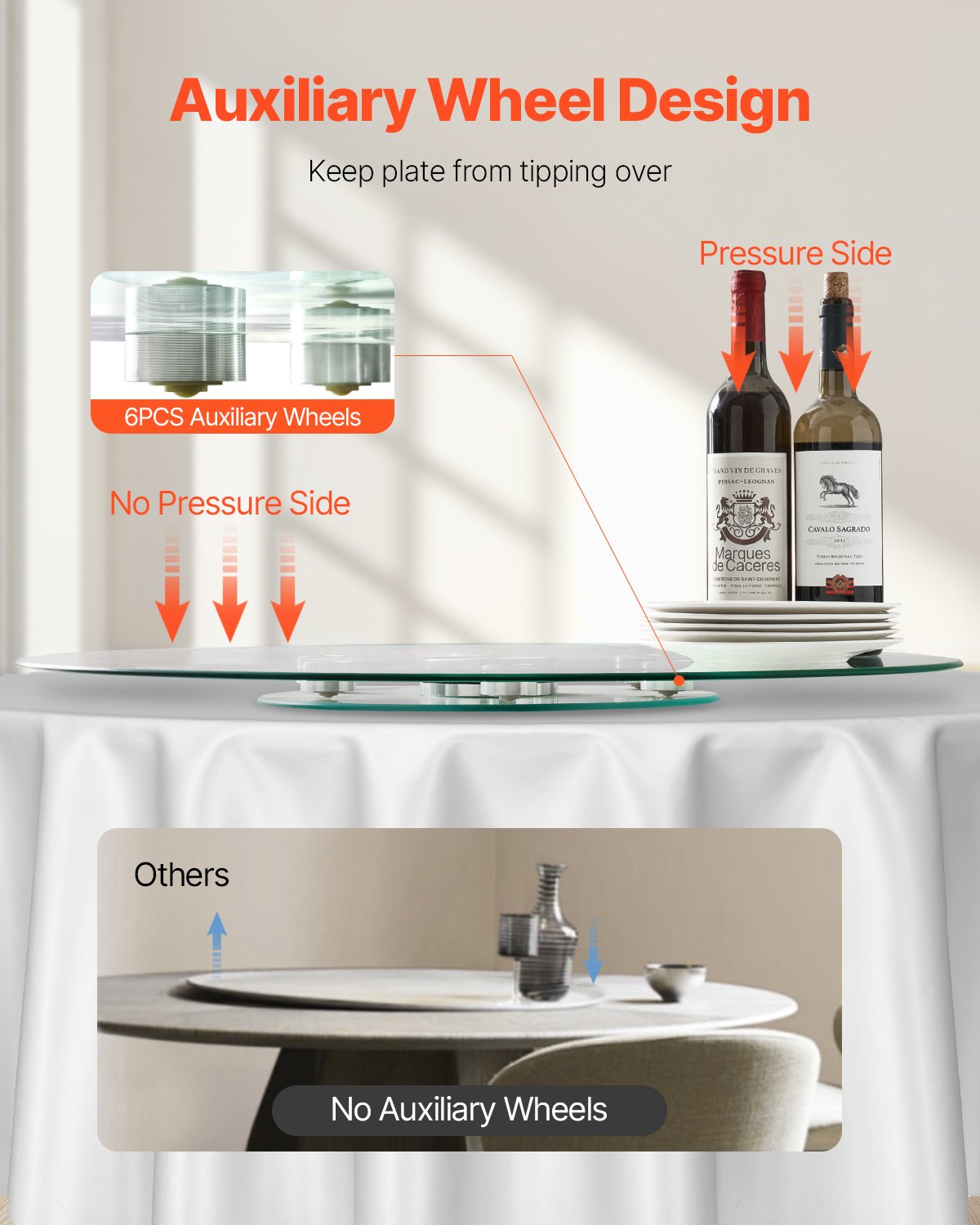 VEVOR 30 in Glass Lazy Susan Turntable, Tempered Glass Dining Table Centerpiece with 6 Rotating Wheels, 360° Smooth and Silent Spin Tabletop Rotating Tray, for Family Gatherings, Banquets & Weddings - CZZP30YCBLTMNYA7MV0 - view 6