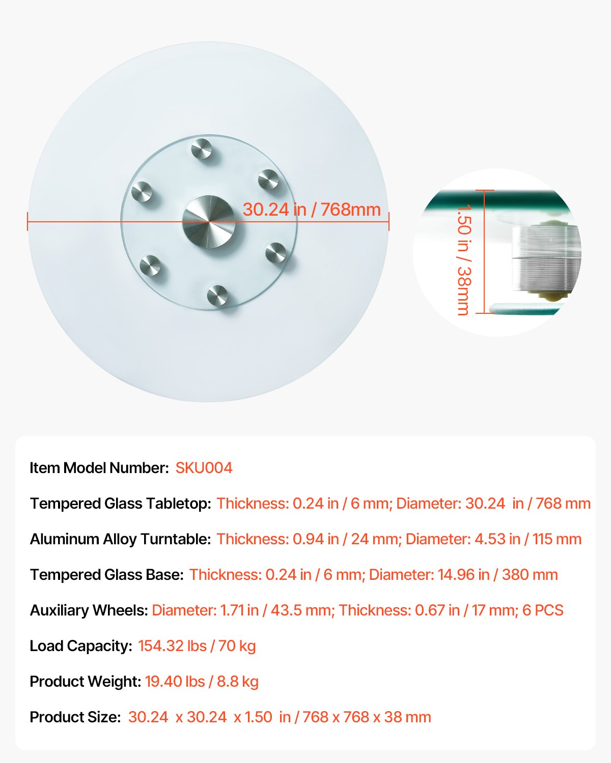 VEVOR 30 in Glass Lazy Susan Turntable, Tempered Glass Dining Table Centerpiece with 6 Rotating Wheels, 360° Smooth and Silent Spin Tabletop Rotating Tray, for Family Gatherings, Banquets & Weddings - CZZP30YCBLTMNYA7MV0 - view 8